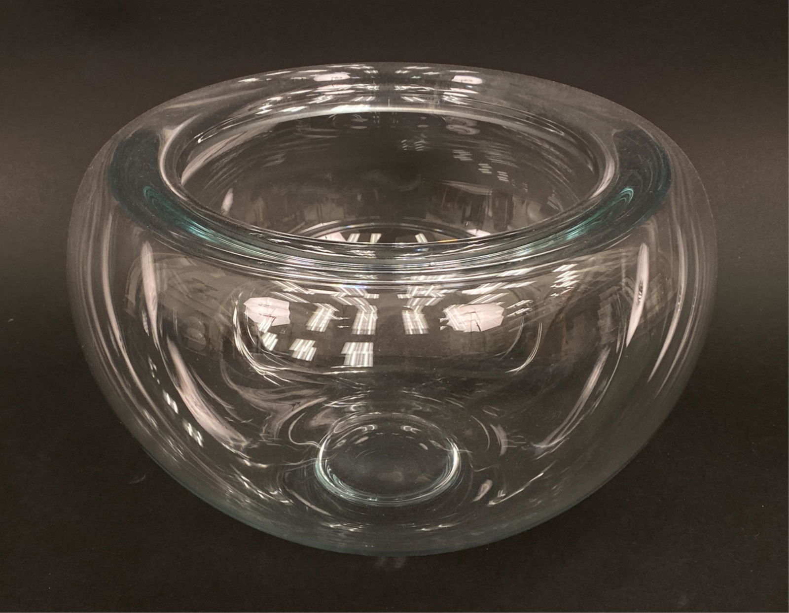 LARGE VINTAGE SCANDINAVIAN GLASS CENTER PIECE BOWL: Simple and elegant Scandinavian modern centerpiece bowl. Apparently unsigned, most likely Holmegaard by Per Lutken for Royal Copenhagen. Dimensions: H 8" x D 13" Condition: Minor surface wear and scra