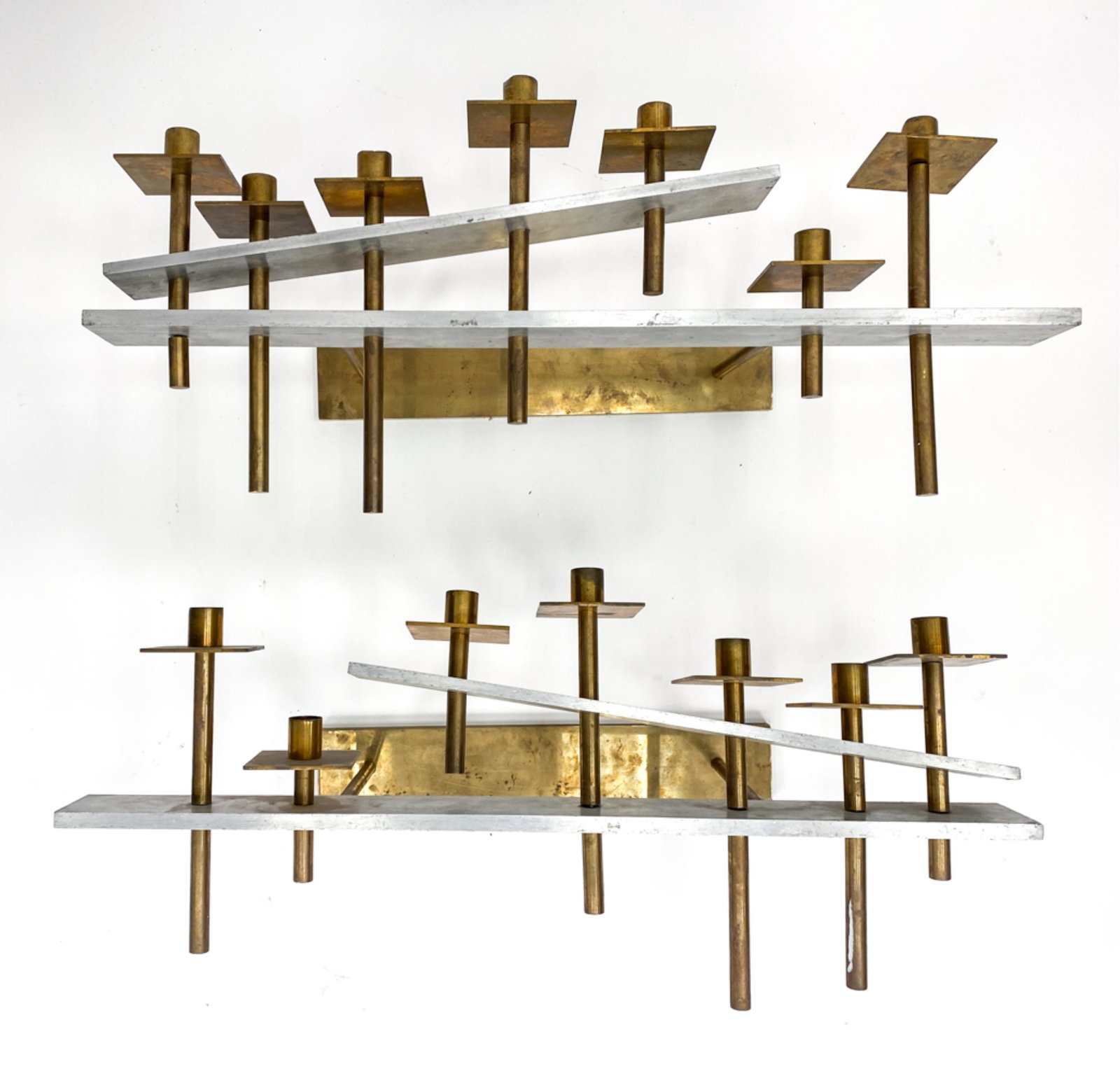 PAIR OF ARCHITECTURAL MID-CENTURY CANDLE SCONCES (1 of 10)