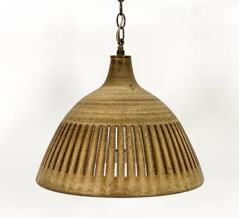 LEE ROSEN DESIGN TECHNICS CERAMIC PENDANT LAMP: Sculptural Mid-Century Modern ceramic pendant lamp or chandelier designed by Lee Rosen for Design Technics. American, circa 1960s. Dimensions: H 12" x Dia. 15" Condition: Very minor surface wear, mark