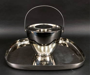 MODERN STAINLESS ICE BUCKET & TRAY INCL. ALESSI: Including Ronan and Erwan Bouroullec for Alessi stainless steel tray, marked underneath; plus contemporary unsigned stainless steel ice bucket. Dimensions: (Tray) H 1.5" x W 18" x D 13.75" Condition: