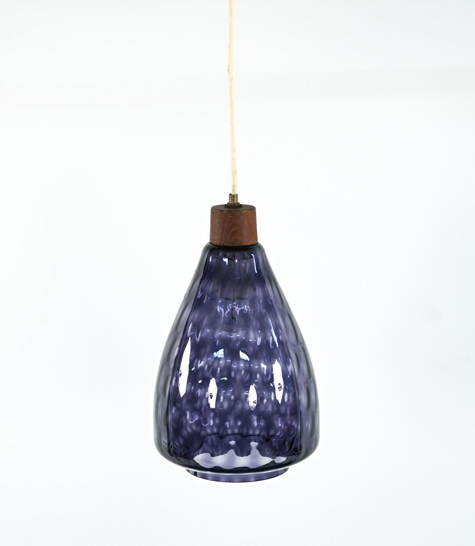 JO HAMMERBORG FOR FOG & MORUP PENDANT LAMP: Mid-Century Modern hand-blown glass & teak hanging pendant lamp designed by Johannes Hammerborg. Manufactured by Fog & Morup Denmark circa 1960. Dimensions: H 11.5" x Dia. 7" Condition: Minor surface