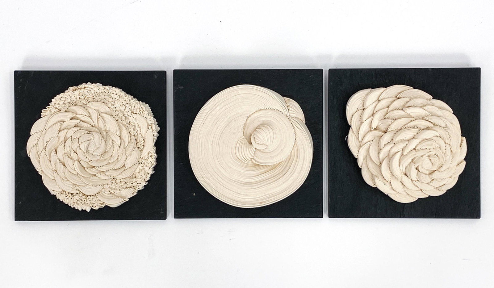 (3) SIMONE PHEULPIN COTTON ON SLATE: (3) "Tourbillon" cotton abstracted flower forms on slate. Provenance: Each purchased from Brown Grotta Art for $1100. Apparently unsigned. Dimensions: (Overall) H 7.75" x W 7.75" x D 1.5" Condition: F