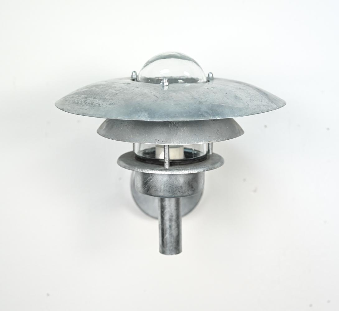DANISH MID-CENTURY OUTDOOR SCONCE: Dimensions: H 10.5" x W 12" x D 13" Condition: Untested; may require rewiring. Wear consistent with outdoor use. Few edge dings. A145-C