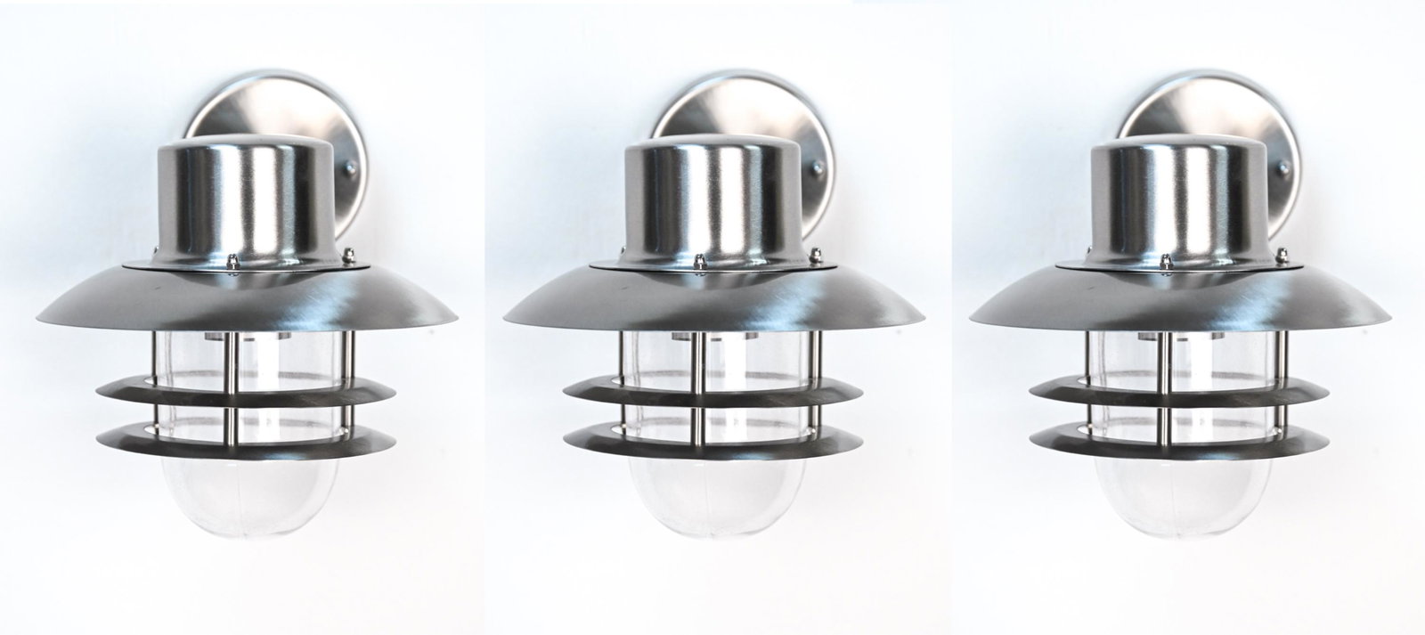 (3) DANISH COPENHAGEN MODERN OUTDOOR SCONCES: With original boxes. Dimensions: (Sconce) H 10.25" x W 8.5" x D 10.5" Condition: Untested. Boxes with distress and handling wear. A038-B-3