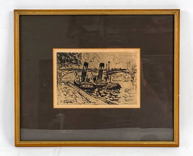 PAUL SIGNAC, FRENCH (1863-1935) ETCHING 1927: "Tugs Along the Seine." Signed in the plate. Published 1927. Dimensions: (Frame) H 12.5" x W 15", (Sight) H 5.5" x W 8" Condition: Good impression. Paper with age toning. Mat age toned, frame with