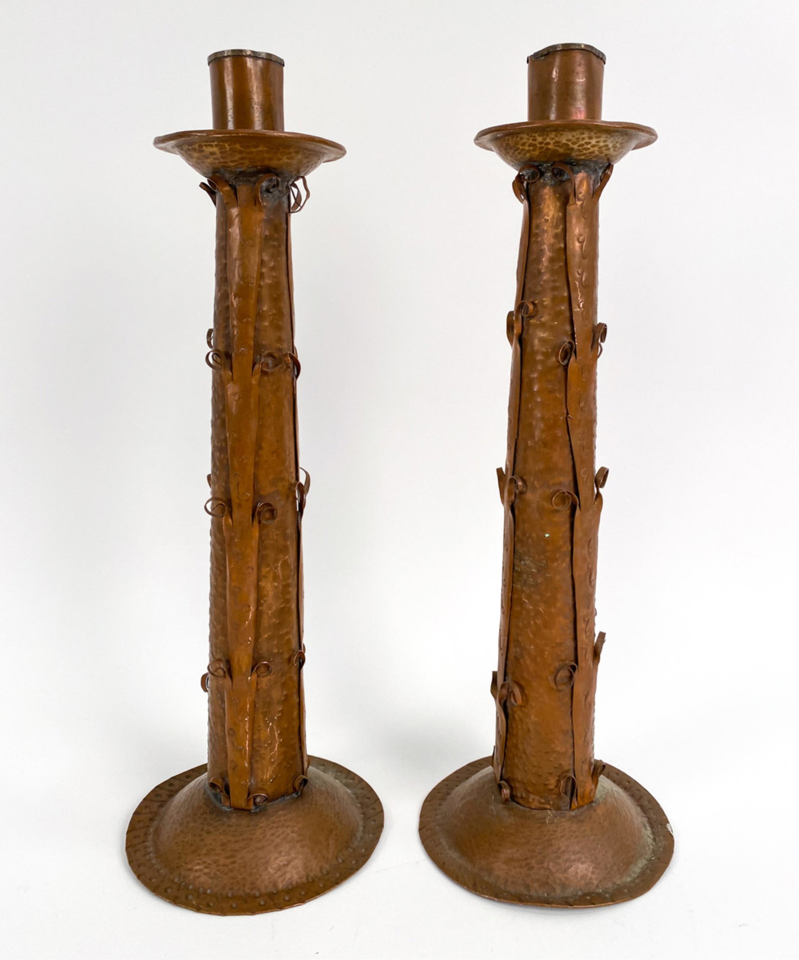PAIR OF UNUSUAL ARTS & CRAFTS COPPER CANDLESTICKS (1 of 10)