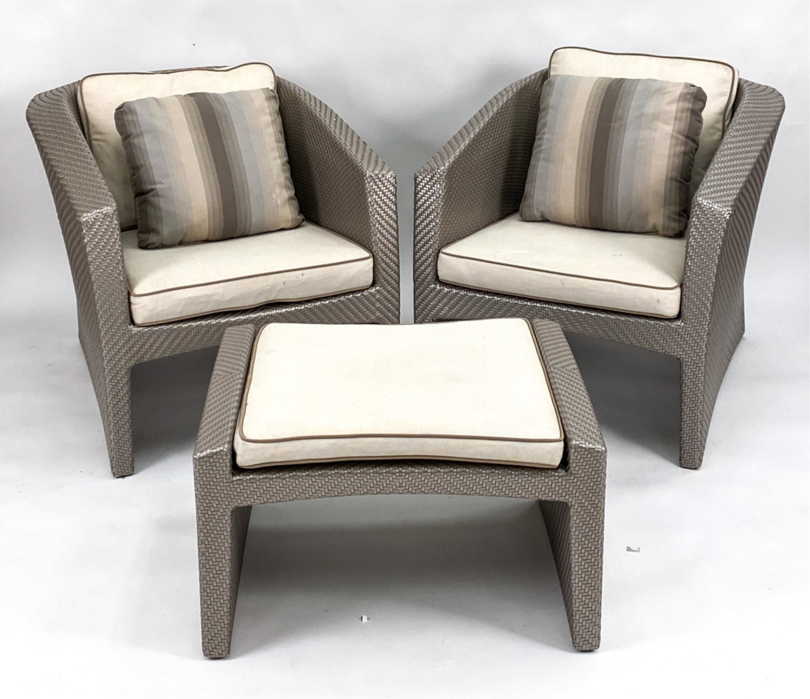 PAIR BROWN JORDAN FAUX WICKER CHAIRS & OTTOMAN (1 of 10)