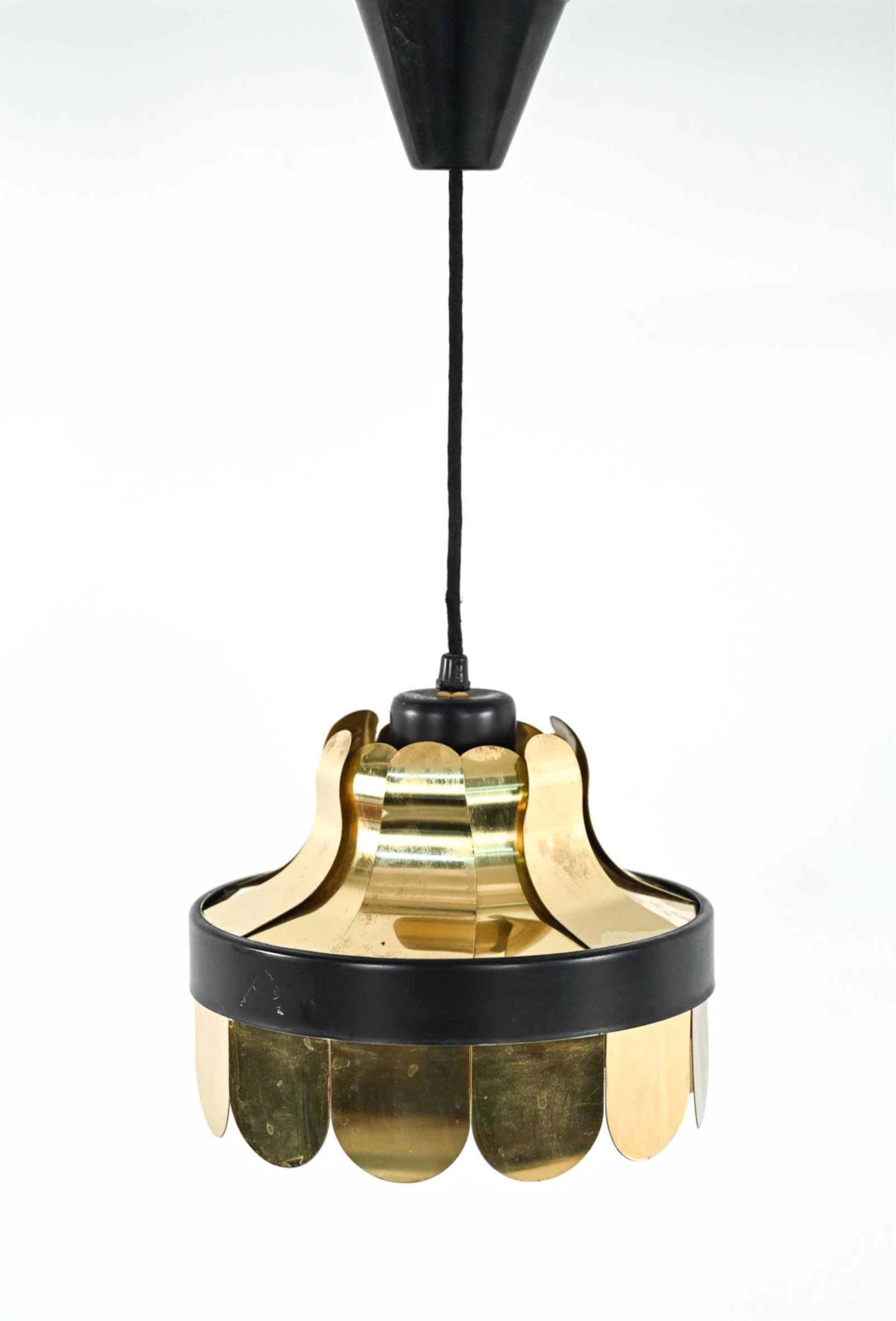 SCANDINAVIAN MID-CENTURY BRASS PENDANT LIGHT: No apparent labels. Dimensions: H 7.5" x Dia. 8.75" Condition: Untested; may require rewiring. Scratches, scuffs, and finish wear. A114-Q