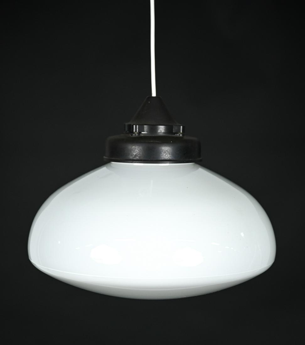 SCANDINAVIAN MODERN OPALINE GLASS PENDANT LIGHT: No apparent labels. Dimensions: (Pendant) H 10.5" x Dia. 13" Condition: Untested; may need rewiring. A114-T