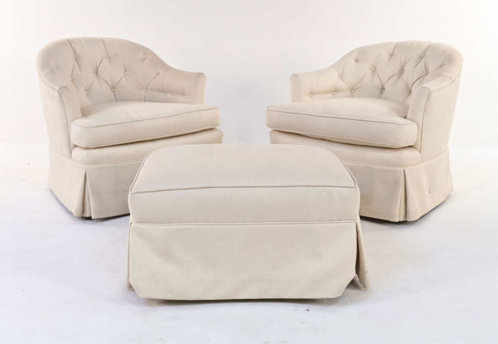 PAIR OF BEIGE TUFTED CLUB CHAIRS & OTTOMAN (1 of 10)