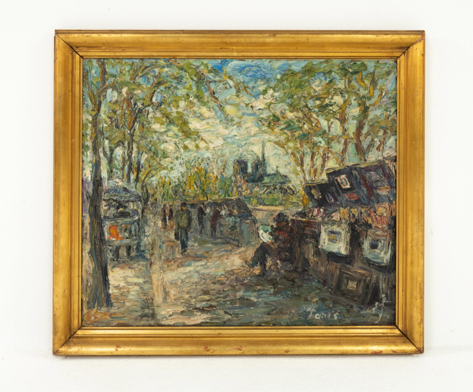 20TH C. O/C IMPASTO STREET SCENE: Signed or inscribed indistinctly lower right - possibly "Paris". Dimensions: (Frame) H 28.5" x W 32" (Painting) H 23.75" x W 27.5" Condition: Light surface dust, a few small cracks to paint. Frame wit