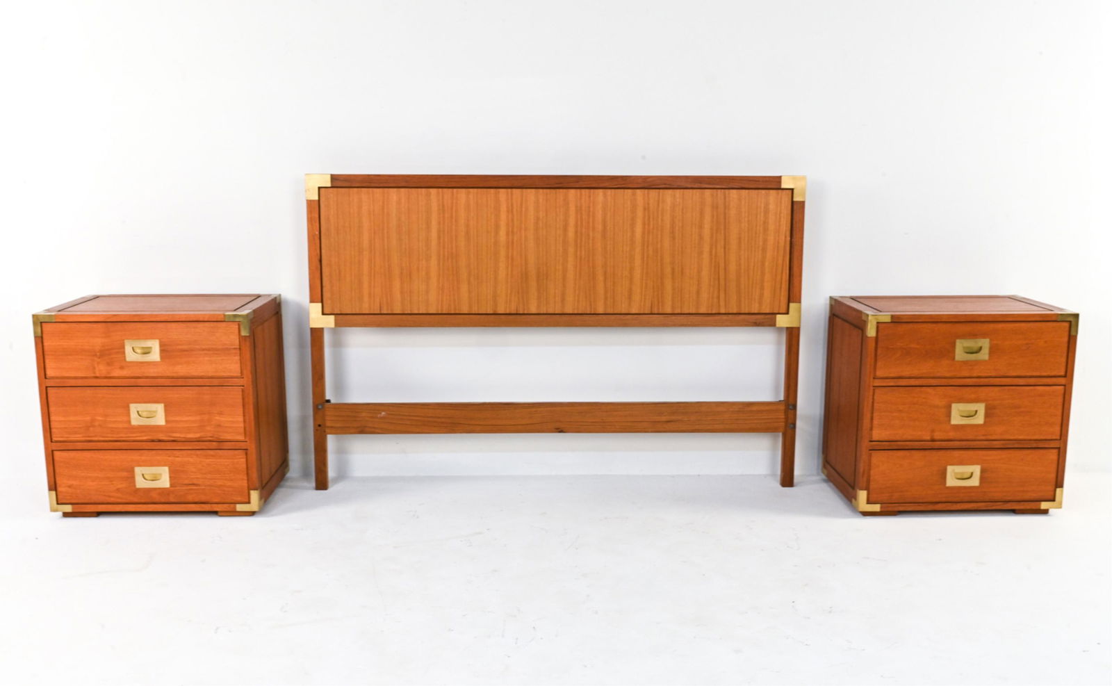 MID-CENTURY CAMPAIGN STYLE NIGHTSTANDS & HEADBOARD (1 of 13)