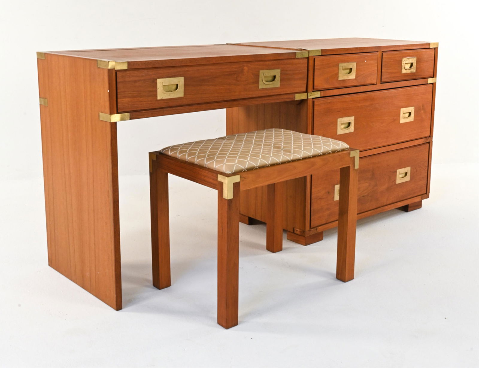 MID-CENTURY CAMPAIGN STYLE VANITY CHEST & STOOL (1 of 12)