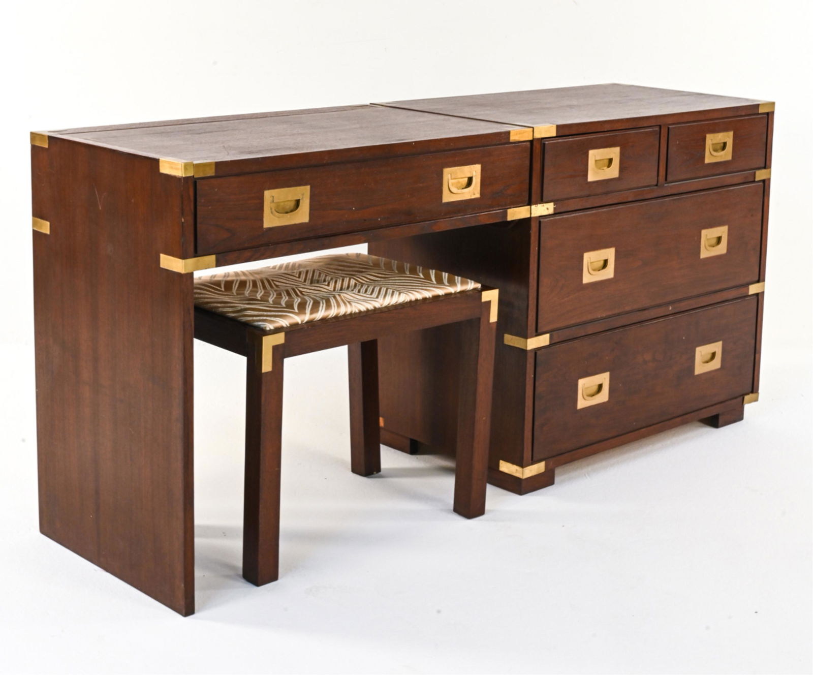 MID-CENTURY CAMPAIGN STYLE VANITY CHEST & STOOL (1 of 14)