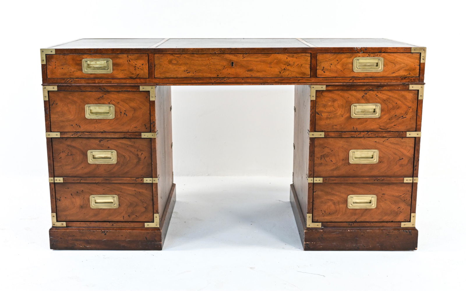 20TH C. LEATHER-TOP CAMPAIGN PEDESTAL DESK (1 of 9)