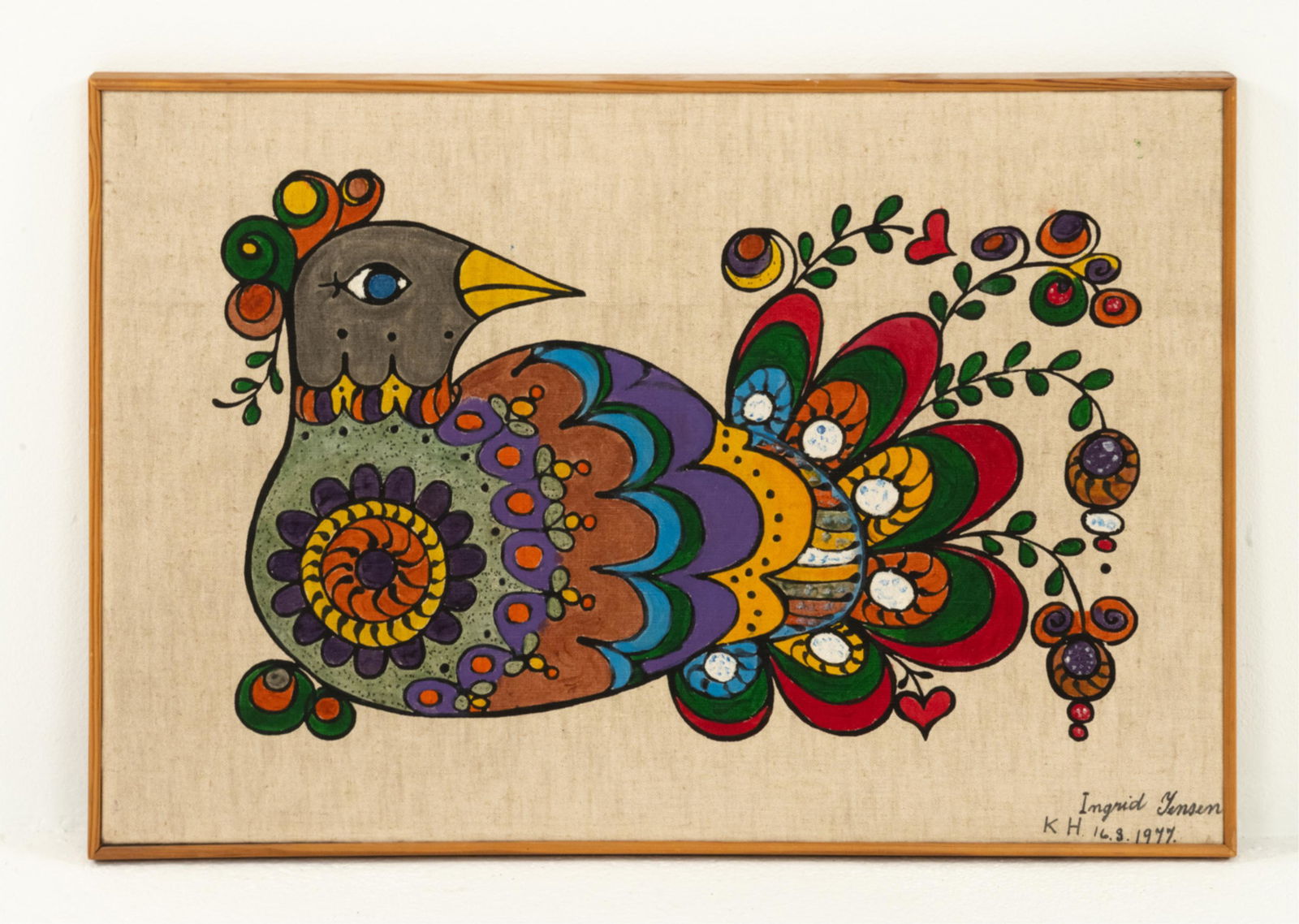 1977 INGRID JENSEN SCANDINAVIAN FOLK ART PAINTING: Folk Art-style painting of a bird. Acrylic on linen, signed Ingrid Jensen with initials KH and date 16.8.1977 lower right. Dimensions: (Frame) H 20.25" x W 29.5" Condition: A couple minor dents to lin
