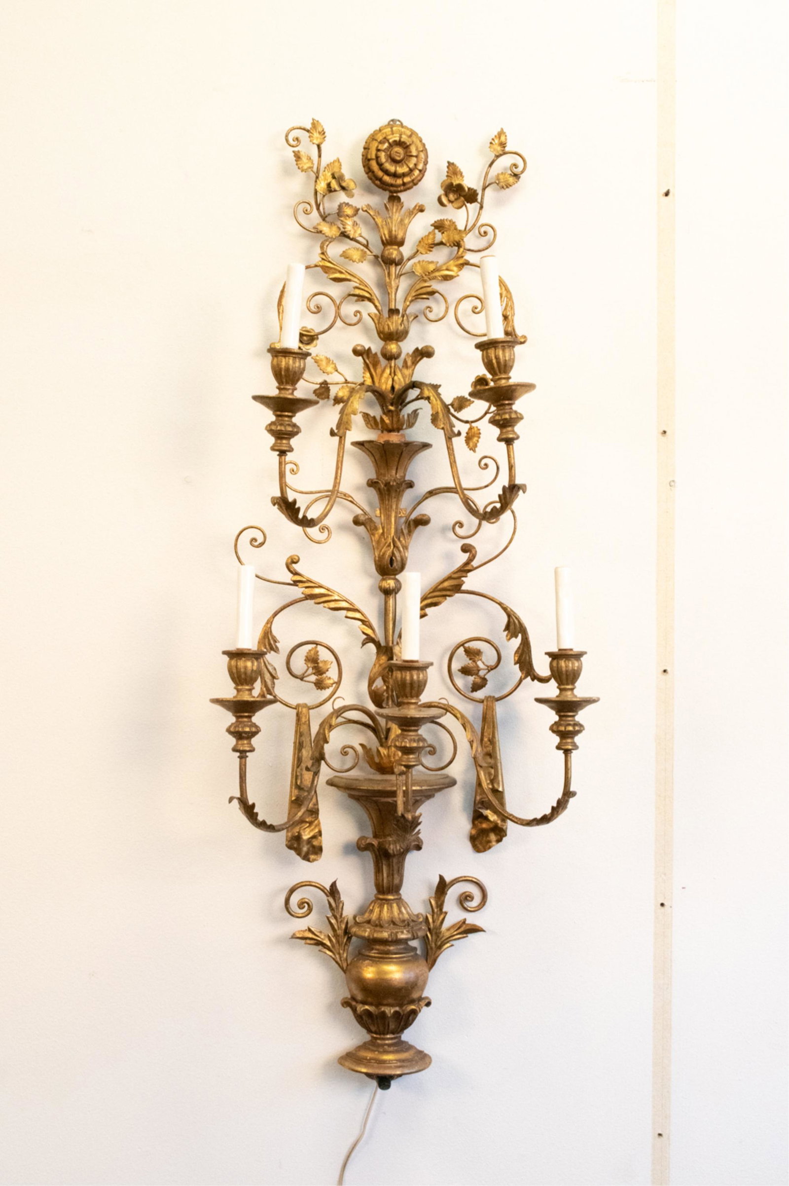 LARGE METAL & WOOD GOLD-TONE CANDELABRA SCONCE: Electrified. Dimensions: H 50" x W 18.5" x D 12" Condition: Showing signs of handling and use including a couple slight bends, small scattered losses to paint finish. Possibly missing an element. Unte
