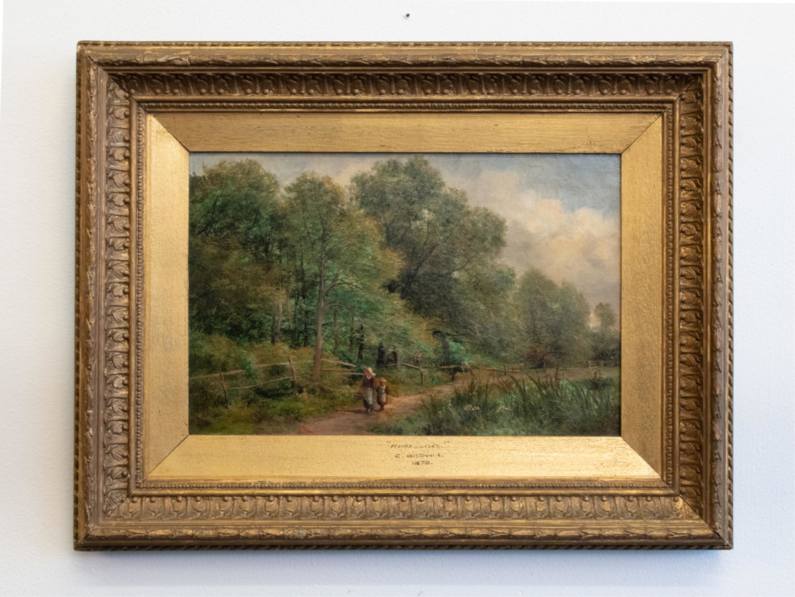 CARL BRENNIR (1850-1920) O/C LANDSCAPE: Signed lower left. Frame painted with artist's name and date 1878. Dimensions: (Frame) H 17" x W 22", (Canvas) H 10" x w 15" Condition: Frame with wear and losses.