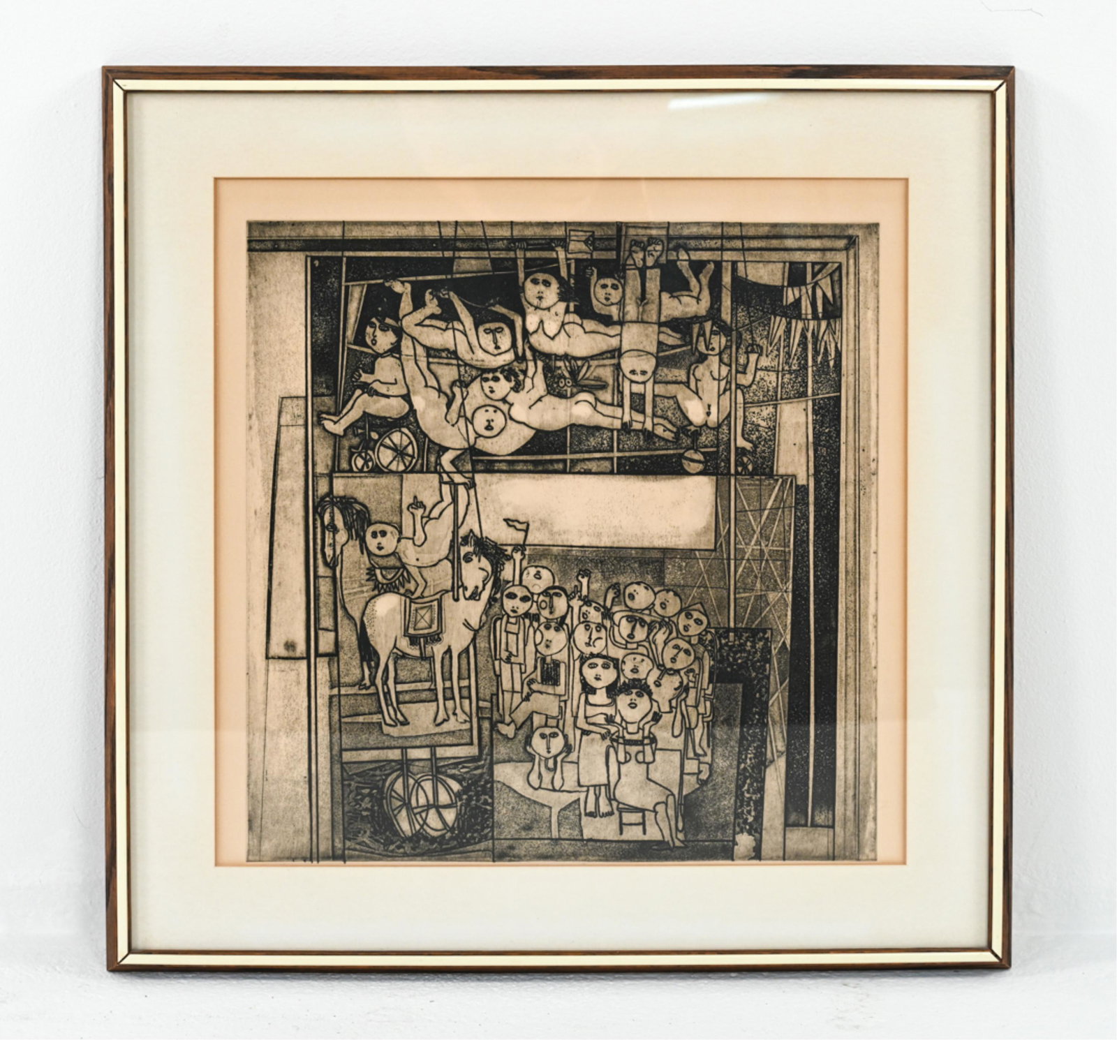 ATTR. MANUEL RODRIGUEZ, JR. FILIPINO (B. 1942): Etching. Nude acrobats performing. Apparently signed in lower margin (obscured by mat). Label verso gives artist information. Dimensions: (Frame) H 25.25" x W 25.5"; (Image) H 17.5" x W 17.25" Conditi