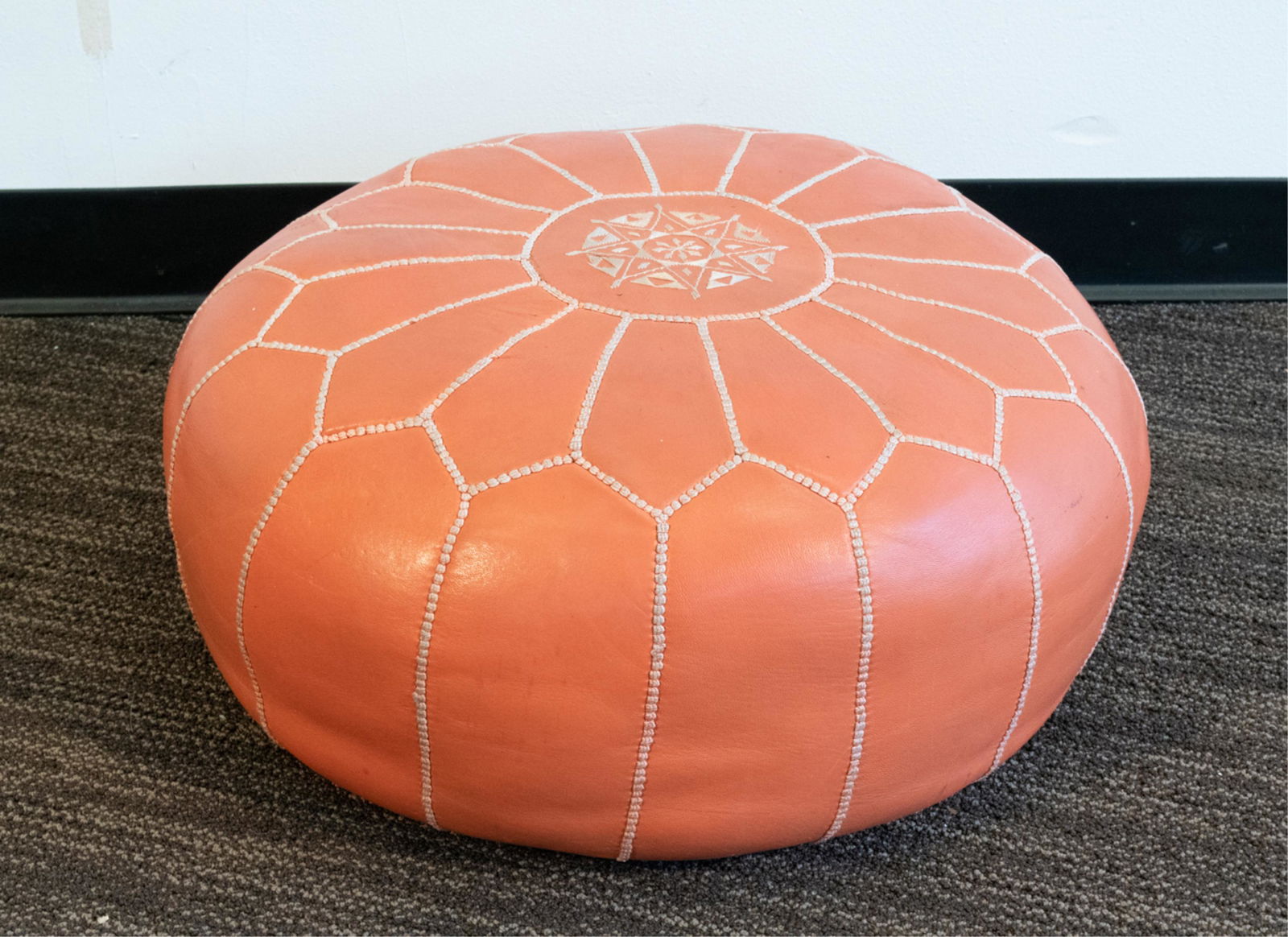 MOROCCAN-STYLE ORANGE LEATHER POUF OTTOMAN (1 of 8)