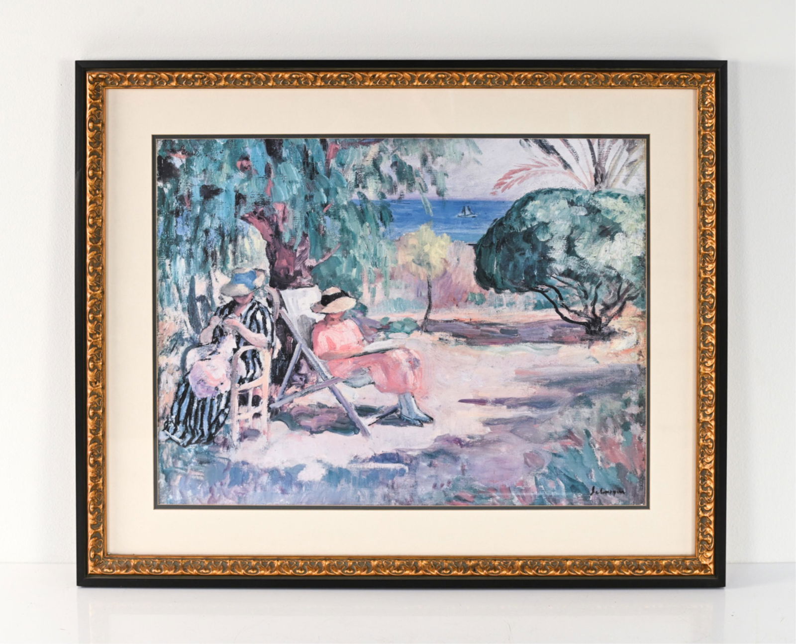 OFFSET LITHOGRAPH AFTER HENRI LEBASQUE: "Summer Shade"; signed in print lower right. Dimensions: (Frame) H 28" x W 34.25" (Sight) H 19" x W 25.5" Condition: Print with some sun fading; a few nicks and rubs to frame.