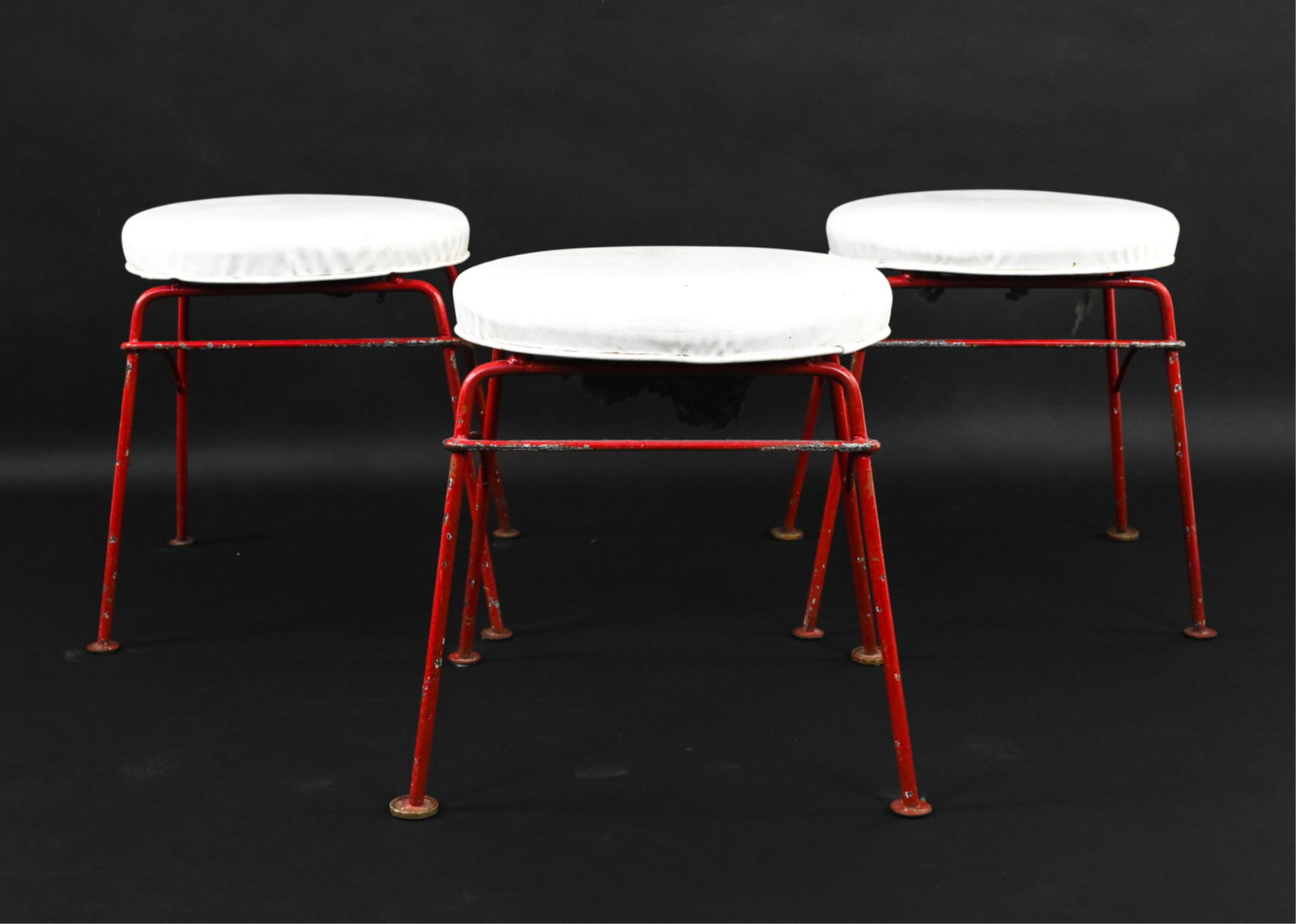 (3) MID-CENTURY IRON & VINYL STOOLS OR OTTOMANS (1 of 9)