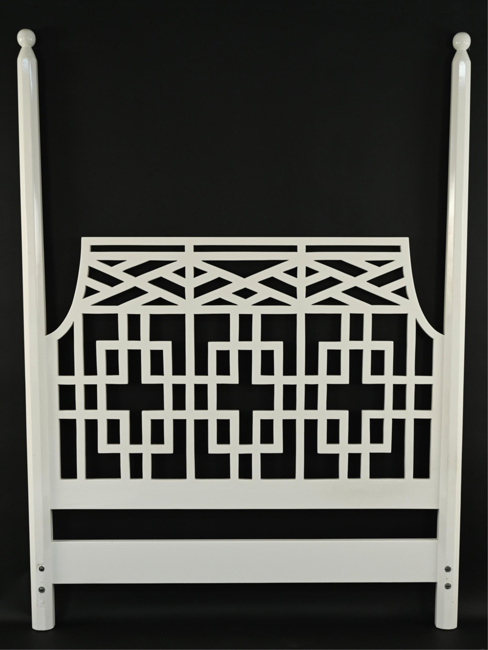 PALM BEACH REGENCY LATTICEWORK WHITE HEADBOARD: Dimensions: H 80.5" x W 59.5" x D 3" Condition: Few small nicks and dings, small impact marks to edges. Few small scuffs.