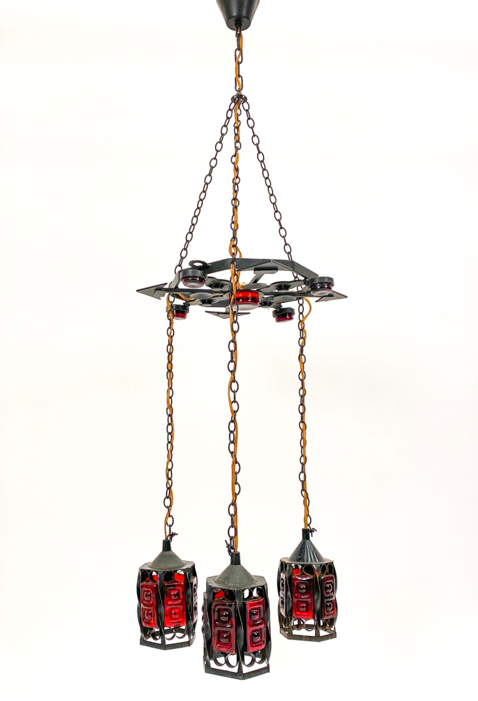 ERIK HOGLUND STYLE WROUGHT IRON & GLASS CHANDELIER (1 of 13)