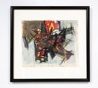 LEON WALL NY (1916-1980) ABSTRACT OIL PASTEL: Midcentury Abstract oil pastel on paper, signed in the image, signed along the edge. Date: September 27/60 Dimensions: (Frame) H 13" x W 13.5"; (Sight) H 8" x W 9.5" Condition: Paper with two strong v