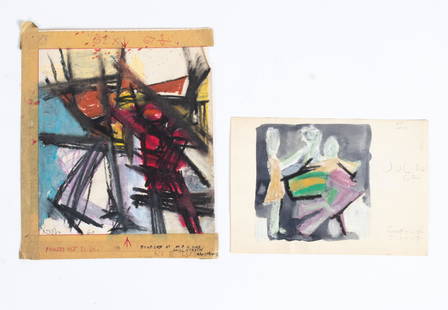 (2) LEON WALL (1916-1980) ABSTRACTS ON PAPER: Two midcentury abstracts. One is an oil pastel, signed dated '60.' The other is an oil pastel and watercolor, unsigned and titled "Greenwich court" Dimensions: (Larger) H 10" x W 8.5" Condition: Large