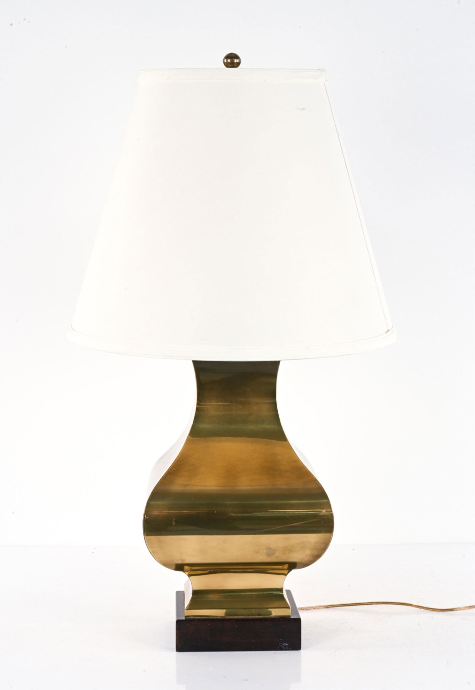 FREDERICK COOPER CHINOISERIE BRASS LAMP, C. 1960'S: Labeled Frederick Cooper on socket. Dimensions: (With shade) H 32.5" x Dia. 18" Condition: Wiring not tested. A few pits and scuffs to brass. Light wear consistent with age and use.