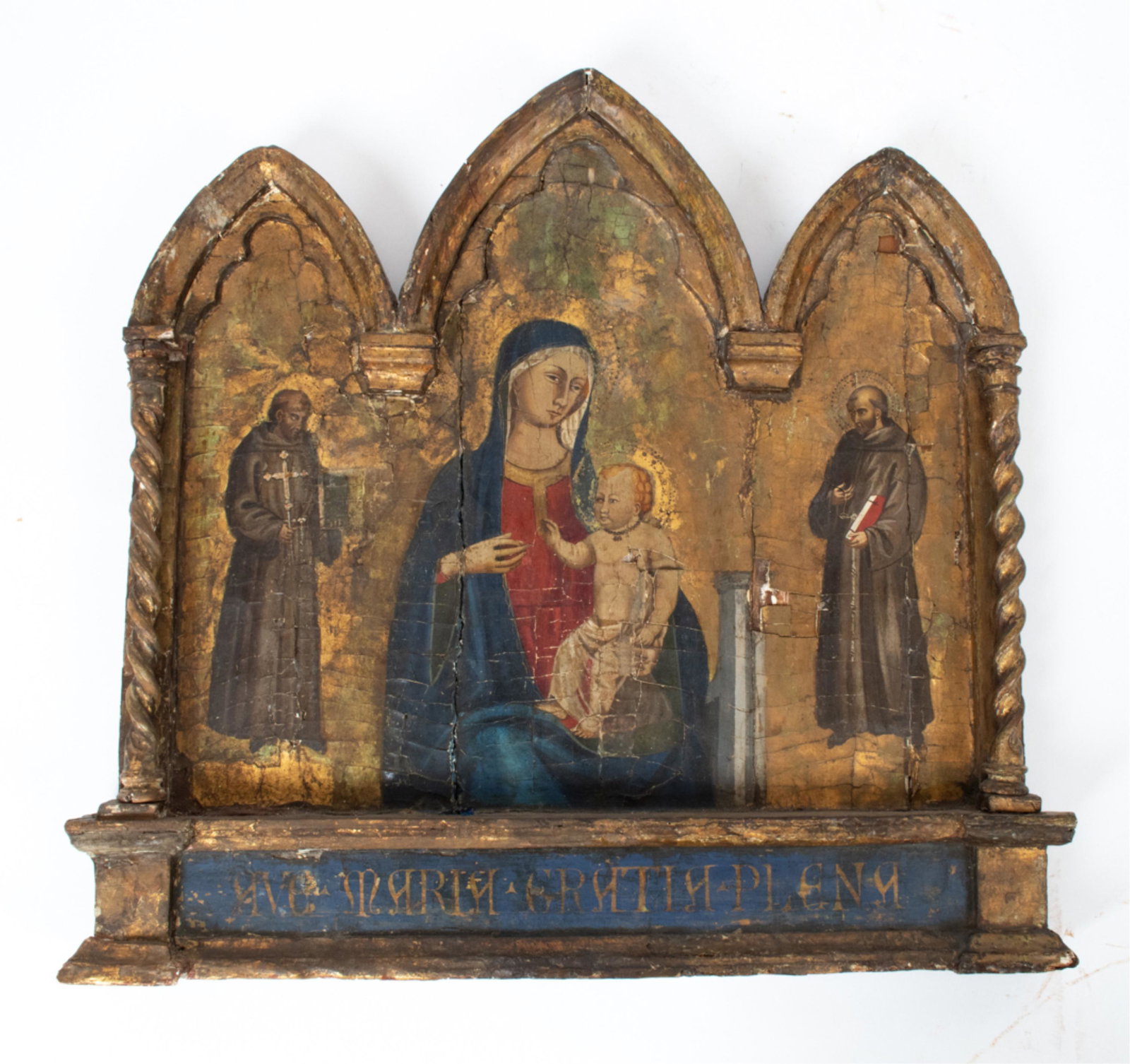 EARLY ITALIAN SIENESE-STYLE TRIPTYCH: Painting on panel in integral Gothic arched frame with attached twist columns. Possibly 18th century or older. Dimensions: (Overall) H 24.25" x W 25.5" x D 3" Condition: Two vertical cracks to panel. 