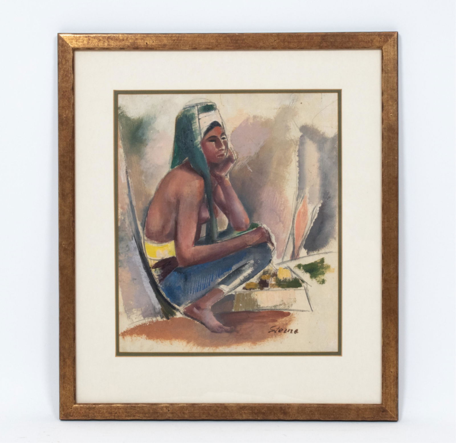 MAURICE STERNE (1878-1957) BALINESE WOMAN: Gouache on paper over pencil. Appears to be laid down. Of a seated half-nude Balinese woman. Signed lower right. Dimensions: (Frame) H 23.5" x W 20.75", (Sight) H 15.5" x W 13.25" Condition: Colors ap