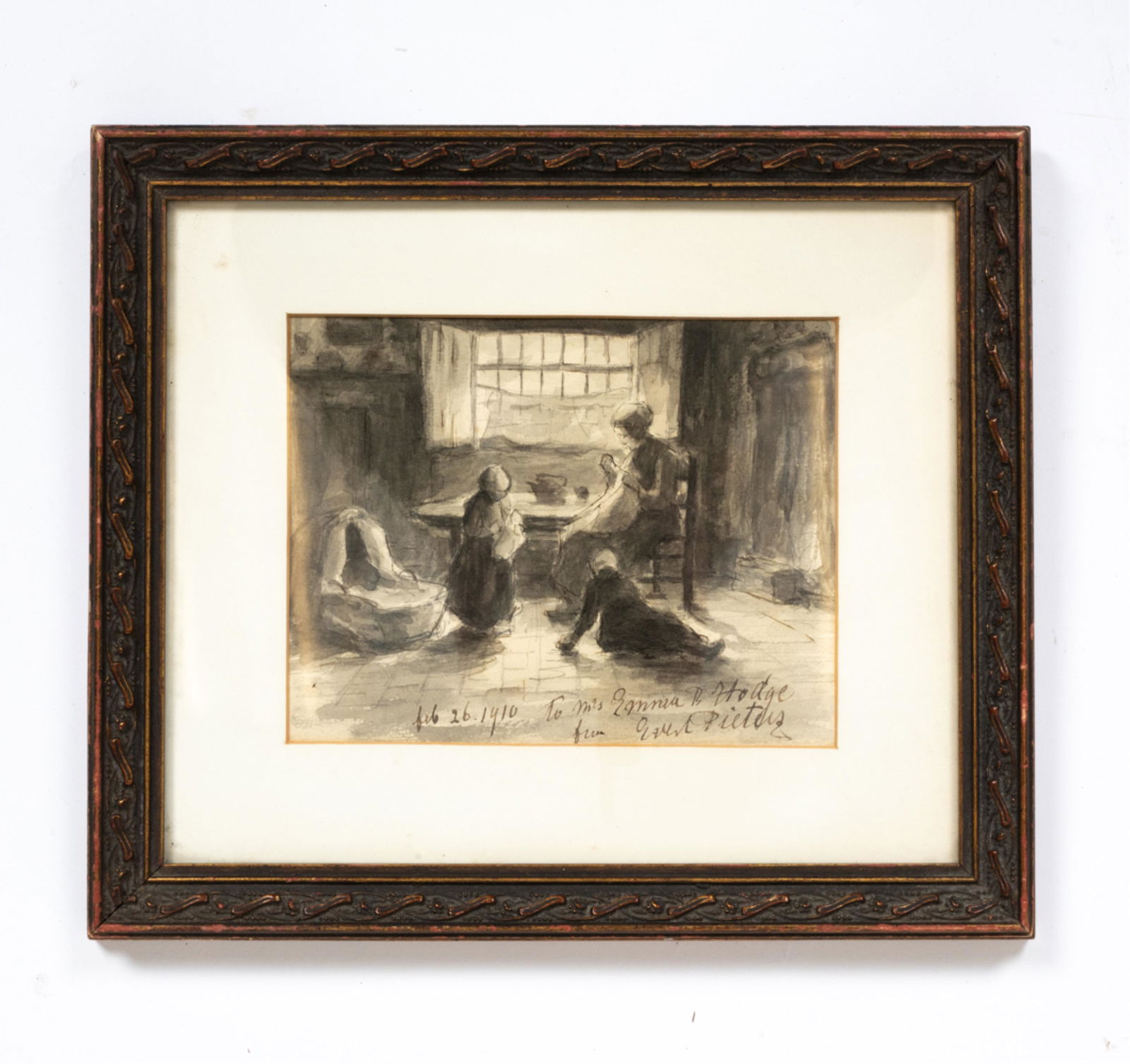 EVERT PIETERS, NETHERLANDS (1856-1932) WATERCOLOR: Grisaille watercolor of women and children in an interior. Signed and dated 1910. Inscribed to Mrs. Emma B. Hodge. Emma Hodge was an eminent collector of American folk art in early 20th century. Dimen