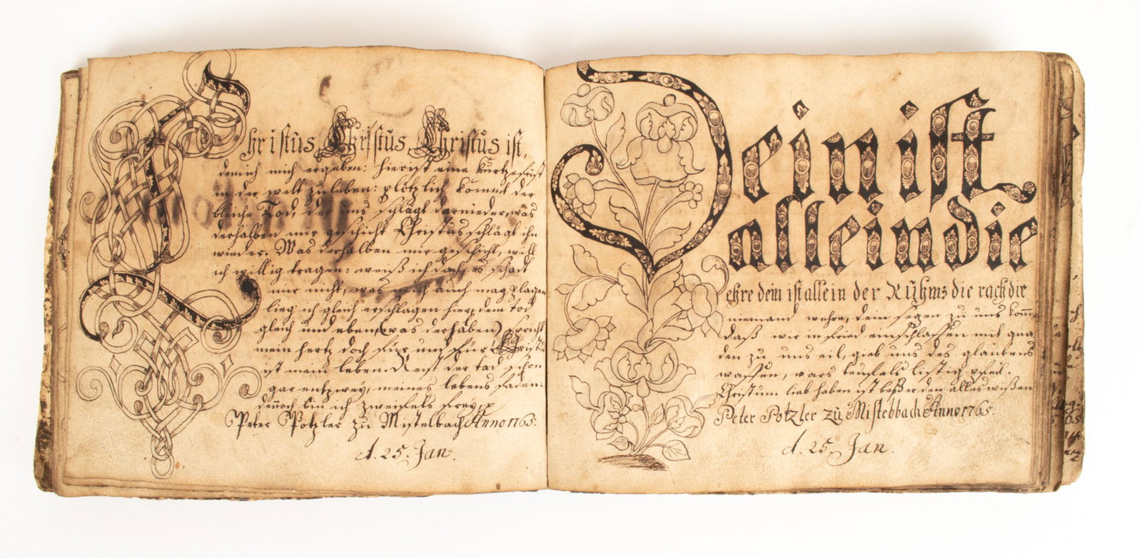 1765 MANSUCRIPT PEN WORK FRACTUR BOOK: Book of 35 sheets, all double-sided in board binding. Pen Work by Peter Potzler, 1765. Each page dated. Front side with decorative floral motif, backside with abstract design. A couple pages with hand