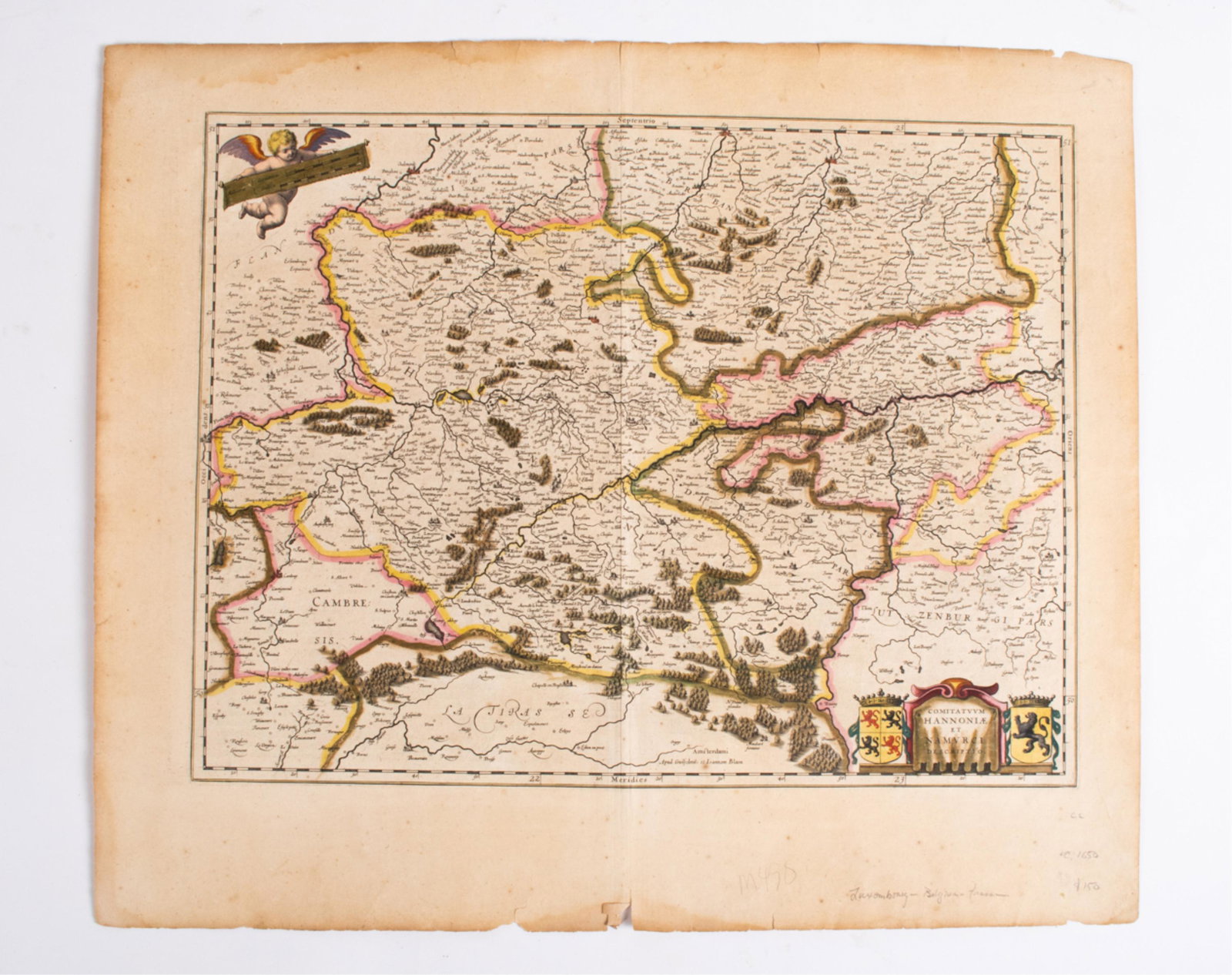 BLAEU C. 1650 LUXEMBOURG BELGIUM: Engraved map with possibly original hand coloring. Center fold as issued. Text on back. Dimensions: (Paper) H 20" x W 23" Condition: Age toning, particularly at edges. Old water stains to top and bott
