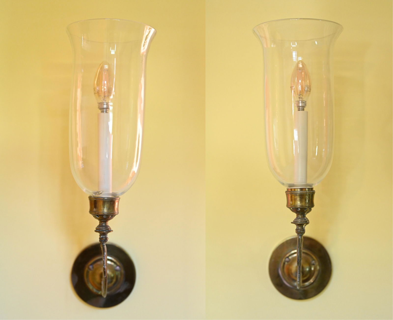 PAIR OF BRASS HURRICANE SHADE SCONCES (1 of 13)