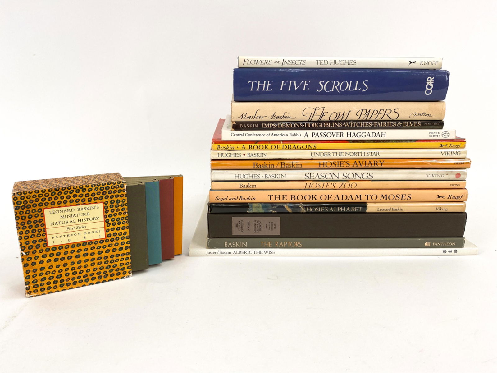 (16) VOLUMES ILLUSTRATED BY LEONARD BASKIN: Varying titles, as photographed. Some with dust jackets. One with original sleeve. Dimensions: (Stack) H 10.5" x W 14" x D 9" Condition: All used. Varying.