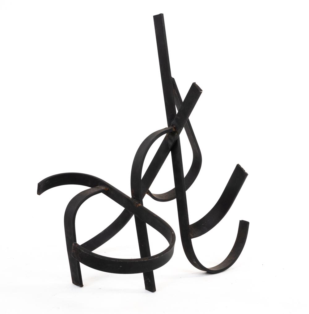 MID-CENTURY ABSTRACT WROUGHT IRON SCULPTURE: Finished in black paint. Incised mark "DSS 62" underneath. Dimensions: H 20.75" x W 19.5" x D 17" Condition: Possible weld repair to one joint. A couple small spots of minor finish loss and natural ox