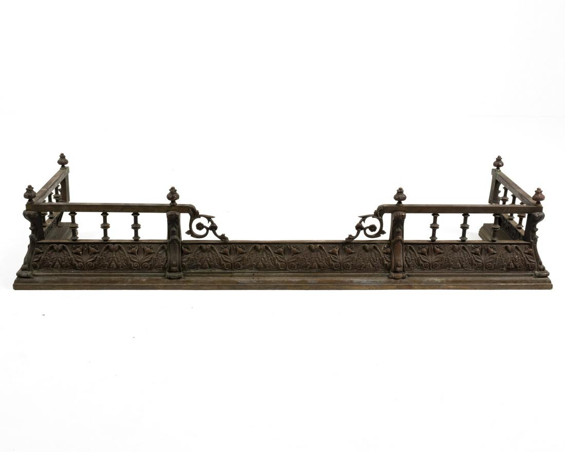 VICTORIAN METAL FIRE FENDER: Dimensions: H 10.5" x W 52" x D 16.25" Condition: Wear consistent with age and use including some corrosion to metal. Some slight seam separations.