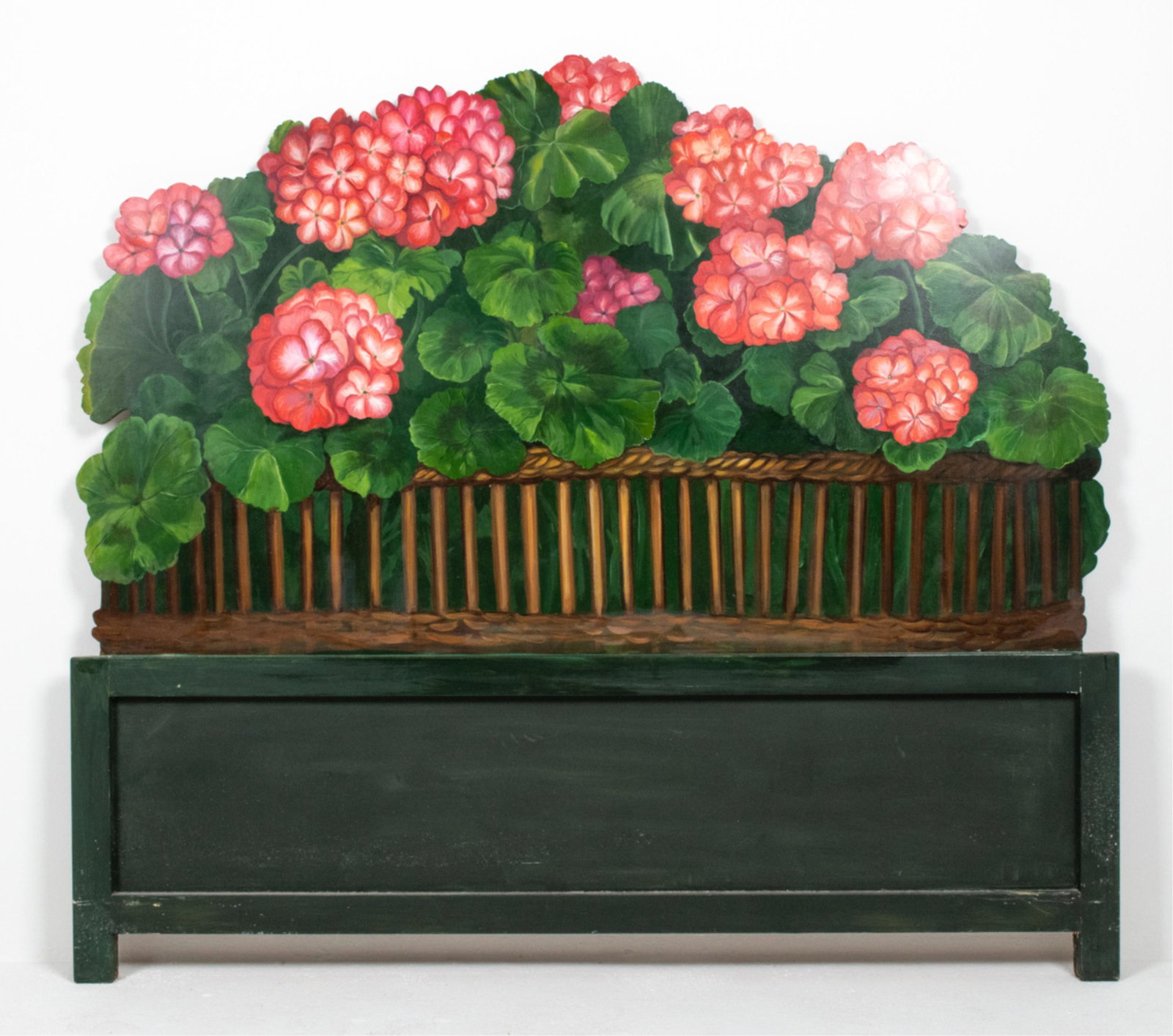 BASKET OF GERANIUM FLOWERS PAINTED HEADBOARD: Decorative painted headboard depicting basket of geraniums. Dimensions: H 57.25" x W 67.25" x D .75" Condition: Few spots of paint wear.