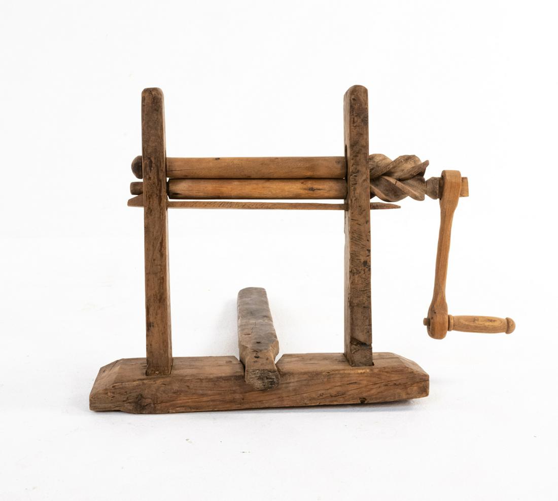 JAPANESE WATAKURIKI PRIMITIVE COTTON GIN: Dimensions: H 16.25" x W 23" x D 21" Condition: Great rustic antique patina. Wear consistent with age and use.