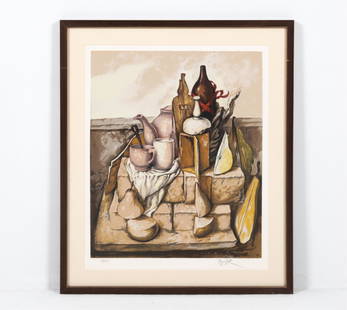 SAMUEL BAK (B. 1933) LTD. ED. SIGNED LITHOGRAPH: Still life; signed and editioned 52/150 in lower margin. Bak is a Lithuanian-born artist and a survivor of the Holocaust. Dimensions: (Frame) H 29.5" x W 24.75"; (Sight) H 24" x W 19.25" Condition: No