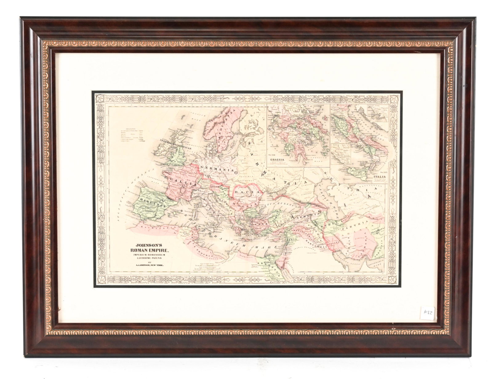 JOHNSON'S ROMAN EMPIRE HAND-COLORED MAP: Hand-colored engraving. Undated, 19th century. Dimensions: (Frame) H 24" x W 32", (Sight) H 13.25" x W 21" Condition: Some age toning to the paper. Rubbing to the frame.