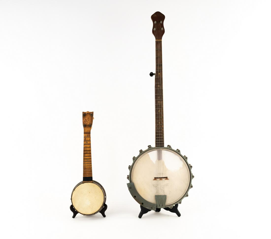 GROUPING OF (2) BANJOS: This grouping consists of one Gagliano 5-string bluegrass style banjo and one early 4-string banjolin of unknown make, very likely U.S. - with chrome body stamped "Pat. App. For". A very unusual early