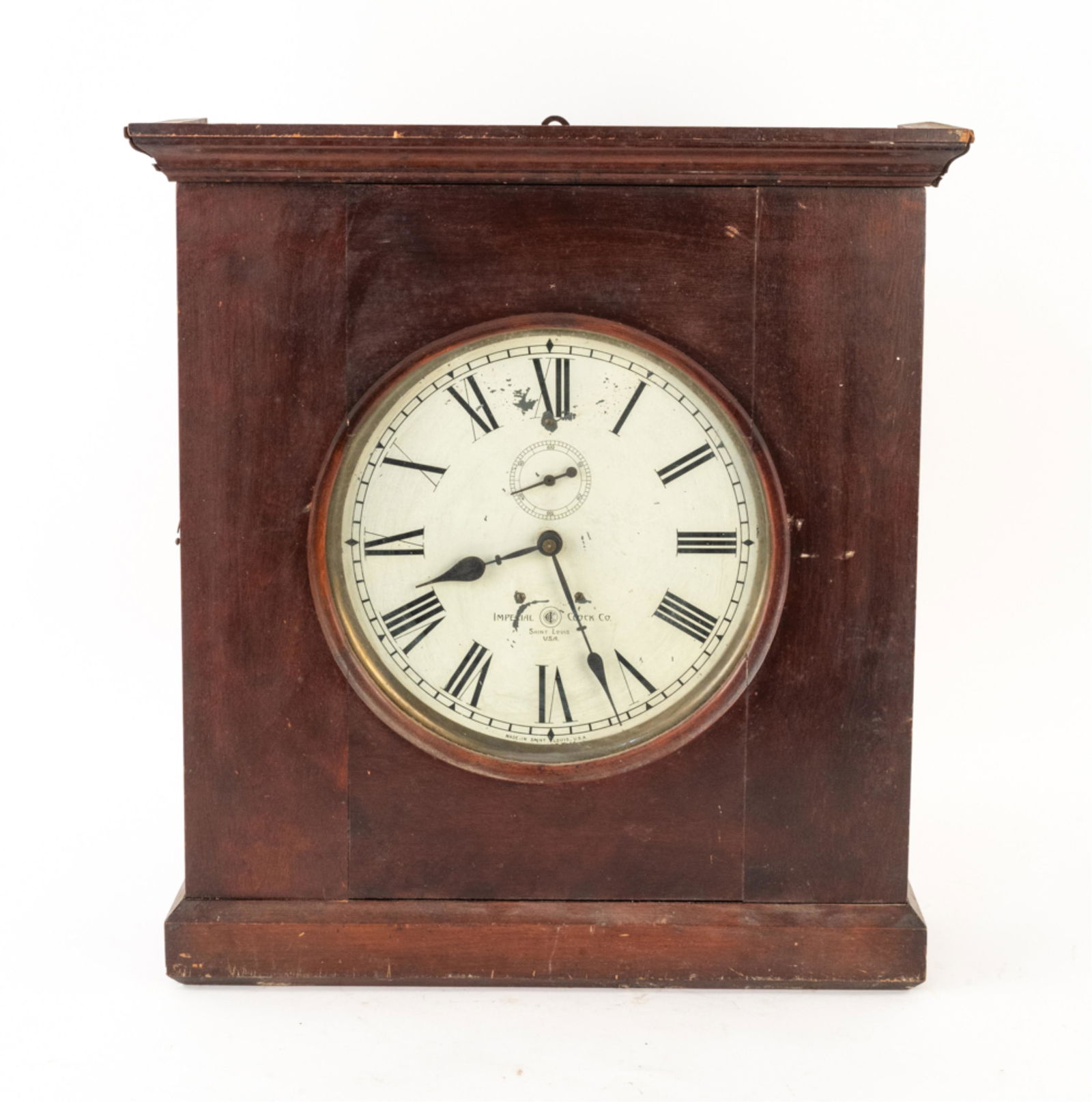 C. 1905 IMPERIAL CLOCK CO. LARGE GALLERY CLOCK: Large wall clock with electric battery-powered movement. Patent date 1905. Dimensions: H 24.25 x W 22.25 x D 6.5" Condition: Not tested; movement not inspected. Nicks, dings, water spots and spots of