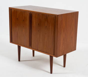 KAI KRISTIANSEN FELDBALLES TAMBOUR-FRONT CABINET: Danish Modern petite sideboard cabinet in teak wood, with tambour doors and felt-lined drawers. Designed by Kai Kristiansen for Feldballes Mobelfabrik, c. 1960's. Dimensions: H 30" x W 33.75" x D 15.7