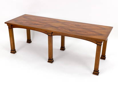 SCHMIEG & KOTZIAN JOHN SCALIA MAHOGANY BENCH: Stunning book matched mahogany bench/console/table designed by John Scalia for Schmieg & Kotzian, NY. Circa 20th Century. Metal manufactures tag under. Dimensions: H 20.75" x W 60" x D 21" Condition: