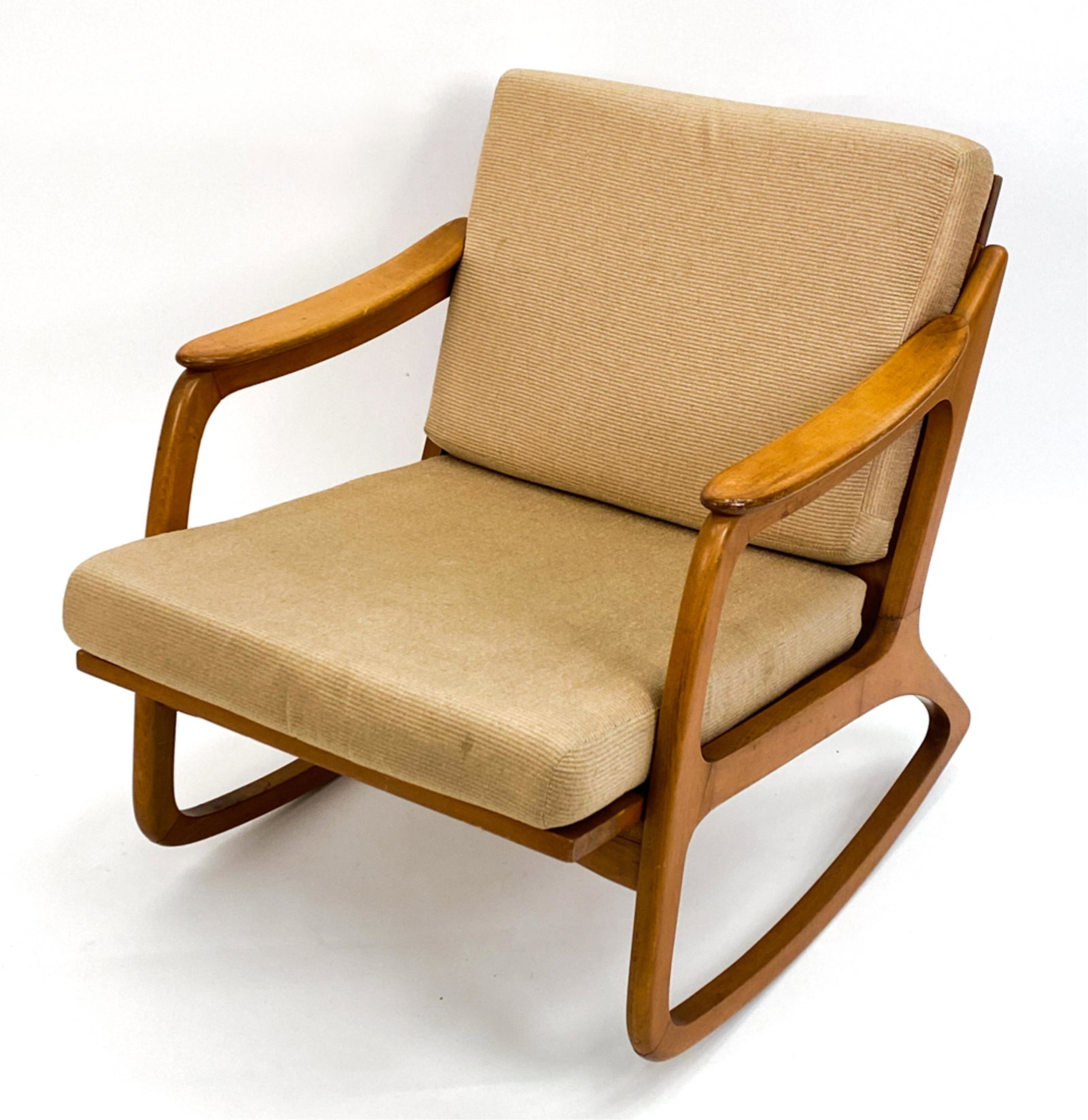 LAWRENCE PEABODY MID-CENTURY ROCKING CHAIR: Rarely seen Mid-Century Modern sculpted rocking chair designed by Lawrence Peabody Architect, Designer of Interiors & furniture. His study at the Royal Academy of Fine Arts in Copenhagen catalyzed the