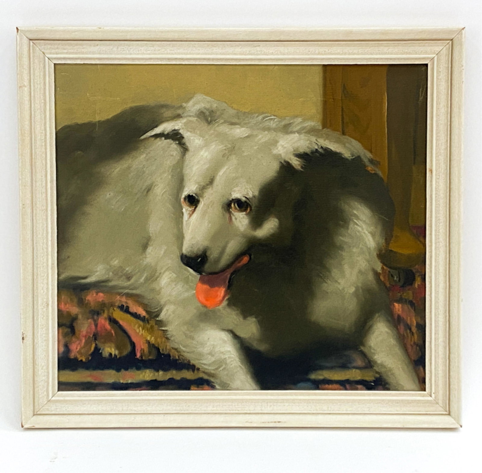 GEORGE A. RADA (1939-2003) DOG PAINTING: Oil on canvas of a reclining dog. Name of artist on stretcher. Dimensions: (Frame) H 16.75" x W 18.75", (Painting) H 14" x W 16" Condition: Painting unvarnished. Some corner rubbing and marks to frame